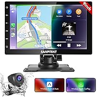 SANPTENT Wireless Apple CarPlay Dash Mount&Android Auto Portable Car Stereo, Drivemate Radio, 9'' FHD Touchscreen, Car Audio Receiver Bluetooth, Backup Camera, Voice Control, Mirror Link, AUX/USB/TF