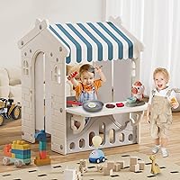 Kids Playhouse with Cute Kids Pretend Play Kitchen Toys Set, Outdoor Playhouse for Toddlers Aged 1-3, with Windows, Door Curtains and Foldable Stand and Play Platform