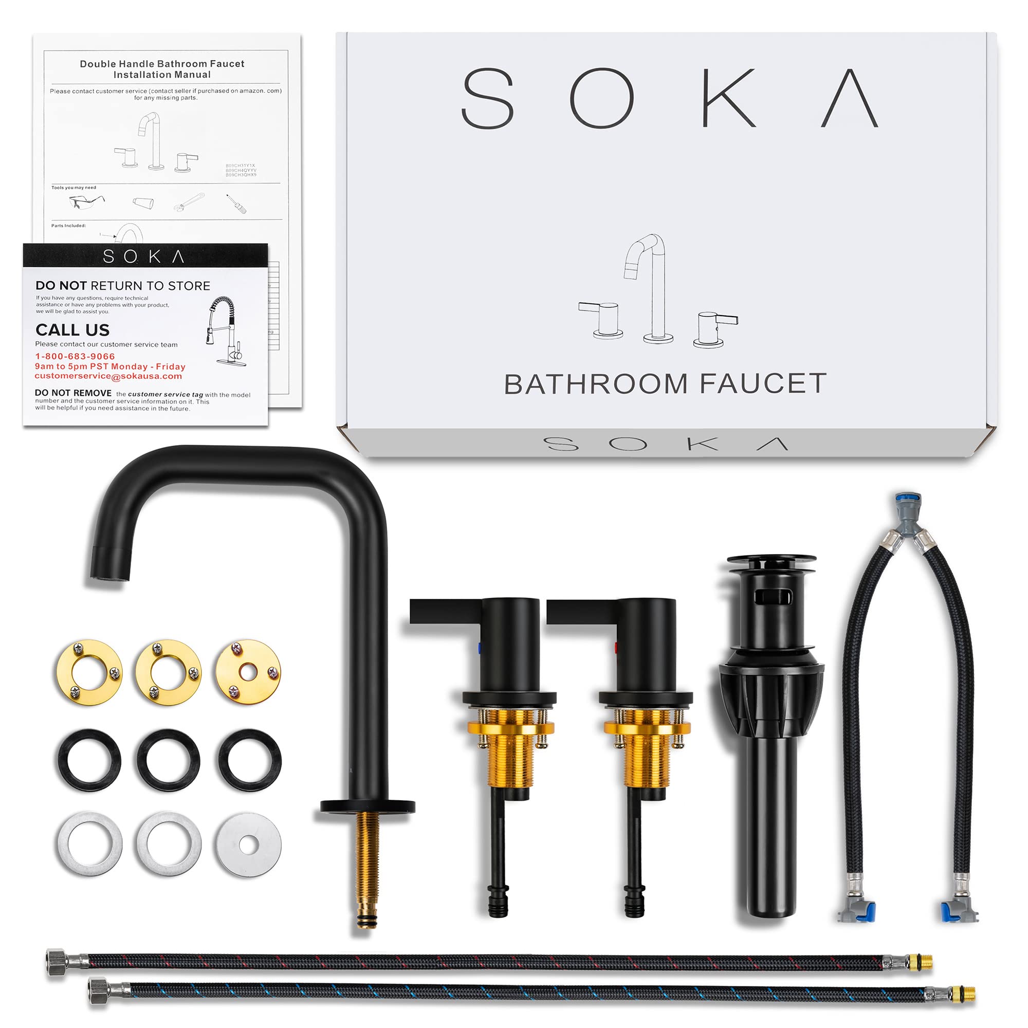 SOKA 8-16 Inch Widespread Bathroom Faucet 2 Handles Matte Black Commercial Sink Touch 3 Pieces Vanity Lavatory 360 Degree Rotating Faucet Pop Up Drain Assembly, Matte Black - L, 8 INCH L - Head