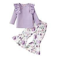 Kislio Toddler Baby Girl Clothes Long Sleeve Ruffle Ribbed Solid Color Tops Flare Pants Bell Bottoms Fall Winter Outfit Set