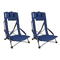 2 Beach Chairs for Adults Low Folding Chairs with High Back Support, Head Pillow and Shoulder Strap Portable Camping Lawn Chairs