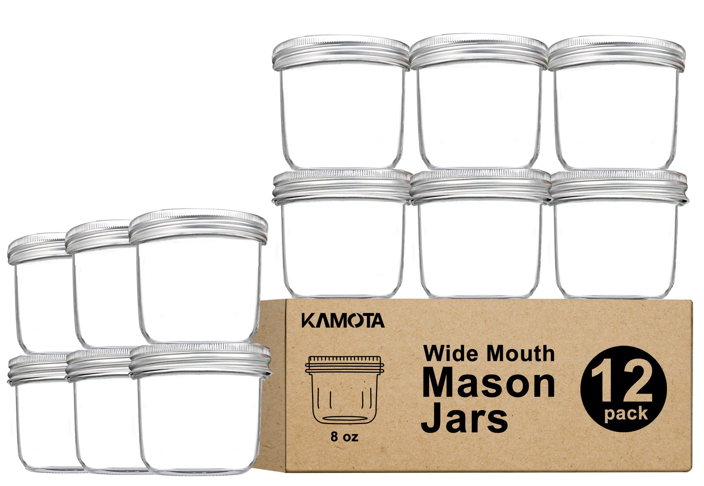 Wide Mouth Mason Jars 8 oz, KAMOTA 8oz Mason Jars Canning Jars Jelly Jars With Wide Mouth Lids and Bands, Ideal for Jam, Honey, Wedding Favors, Sho...