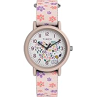 Timex Unisex-Armbanduhr mit Peanuts-Blumenmuster, 34 mm, rosa Armband, weißes Zifferblatt, rosa Gehäuse