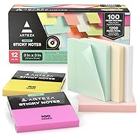 ARTEZA Sticky Notes 3x3 inches - 12 Sticky Pads (100 Pages per Pad) - Bulk Sticky Note Pads - Assorted Multicolor Self-Adhesive Sticky Notes - School and Office Supplies Blank Desk Note Pads
