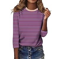 3/4 Length Sleeve Womens Tops Casual Loose Fit Crewneck T Shirts Vintage Striped Print Blouse Tunic Y2K Shirt Top