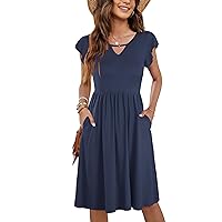 WNEEDU Summer Dresses for Women 2024 Ruffle Sleeve Casual Sundress Swing Elastic Waist Dress with Pockets
