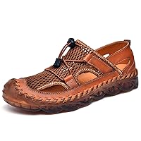 Men's Fashion Hiking Sandal Casual Outside Water Shoes Leather Stitching Mesh Closed Toe Elastic Drawing Laces Bungee Pliant