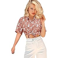 HAPPY BAY Women's Summer Blouse Cotton Linen Effect Dresses Button Down Blouses Tops Vintage Shirt Short Sleeve Shirts for Women XXL Allover Bones, Skull Red
