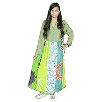 Indian 100% Cotton Geometric Print Bottle Green Color Patch Work Color Dress Women Fashion Long Plus Size