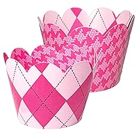 Houndstooth & Argyle Cupcake Wrappers - Burn Book Mean Girls Birthday, Preppy, Hot Pink Party Supplies, Bridal or Baby Shower Decoration - Dessert Skirtz - 24 Count (Hot Pink and Pink)