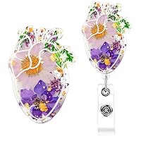 Cardiac Dried Flower Badge Reel, with Alligator Clip, Retractable Heart Nurse Badge Reel Holder Cute Floral ID Badge Clip Resin Name Tag Clip Funny Accessories for Nurses Nursing Student(B)