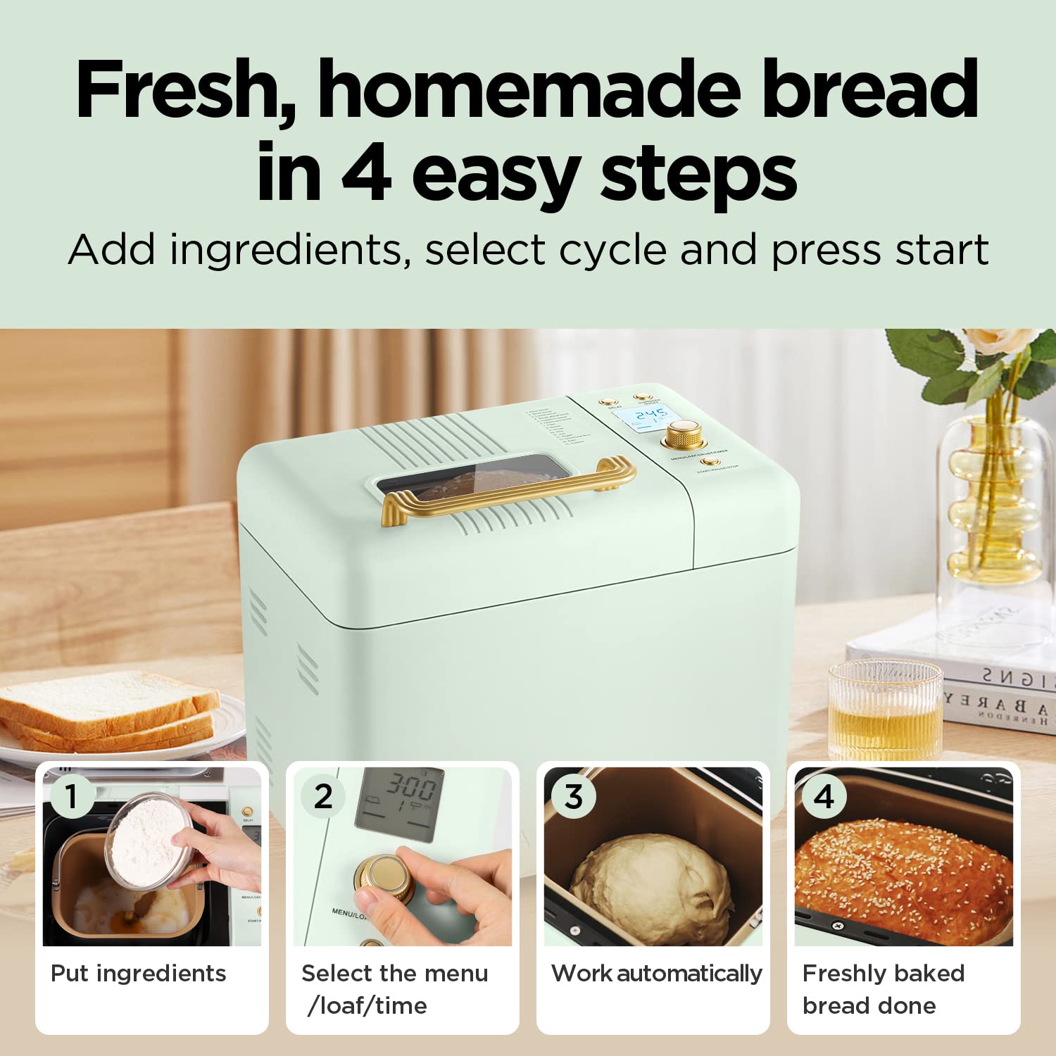 Neretva Bread Maker Machine, 15-in-1 2LB Automatic Breadmaker with Gluten Free Sourdough Setting, Auto Nut Dispenser, Digital, 1 Hour Keep Warm, 2 Loaf Sizes, 3 Crust Colors - Receipe Booked Included
