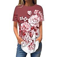 Short Sleeve Tops for Women,Womens Tees Short Sleeve Women's Fashion Casual Round Neck Floral Printed Short Sleeve