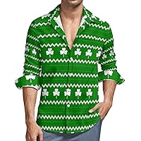 St Patrick's Day Button Down Shirt Men Funny Shamrock Printed Long Sleeve Casual Irish Clover Lucky Shirts 2XL