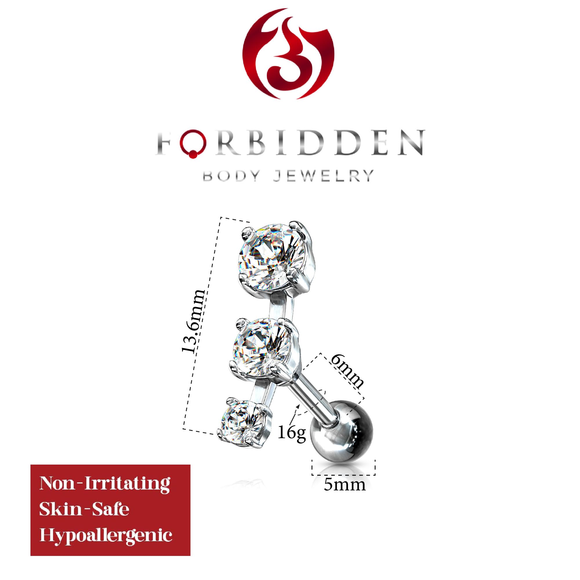 Forbidden Body Jewelry 16g 6mm Surgical Steel Triple CZ Crystal Curved Cartilage Stud Earring