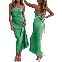 Women Satin Tube Dress Sleeveless Strapless Off Shoulder Bodycon Long Dresses Sexy Backless Hollow Out Party Dress