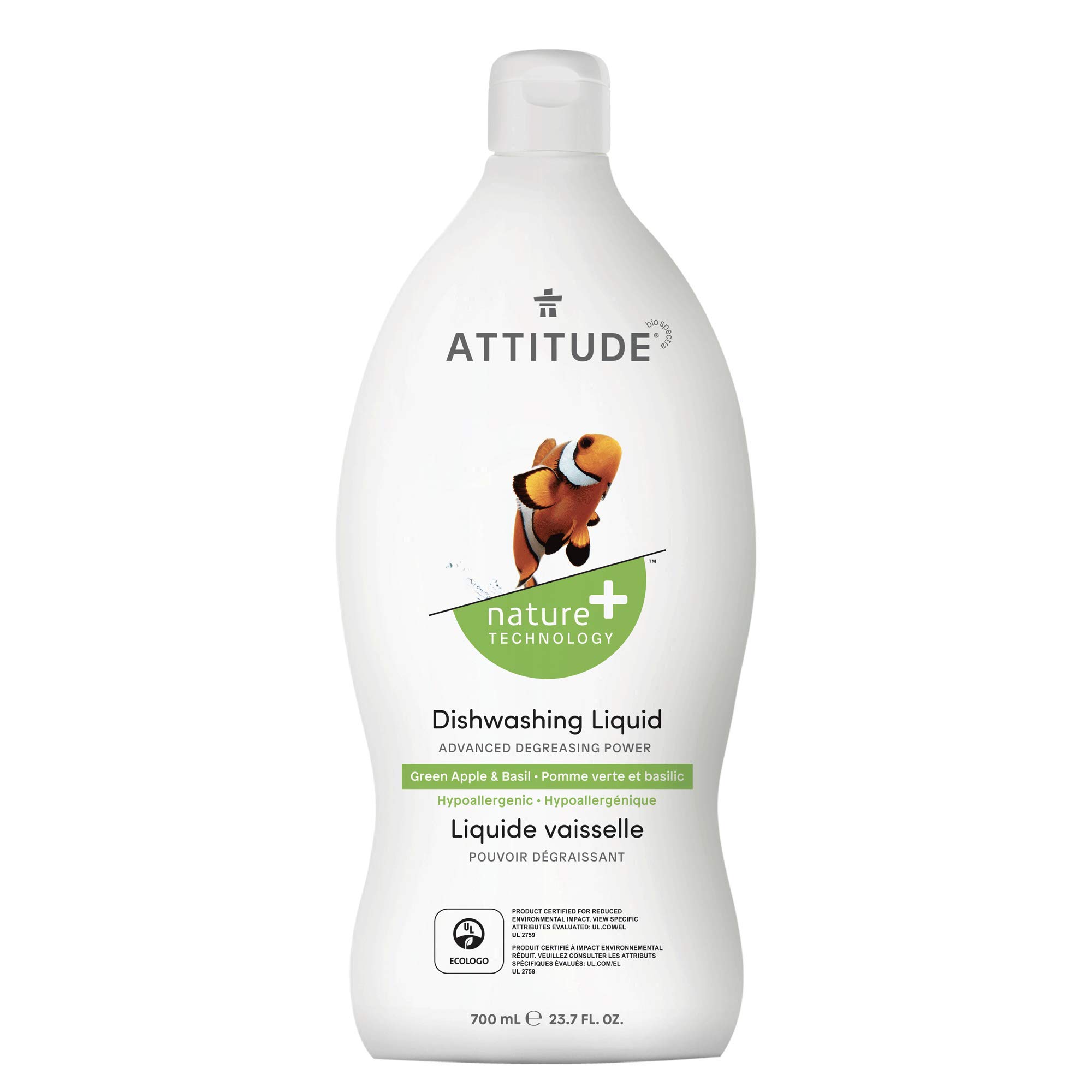 ATTITUDE Liquid Dish Detergent, Plant- and Mineral-Based Ingredients, Effective Dishwashing Soap Formula, Vegan and Cruelty-free, Green Apple & Basil, 23.7 Fl Oz (Pack of 9)