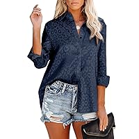 Astylish Womens V Neck Satin Embossed Roll up Sleeve Button Down Blouses Top