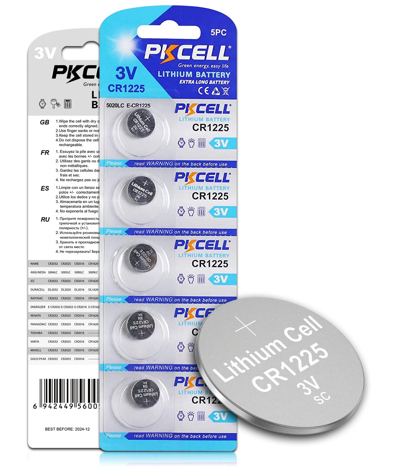 PKCELL CR1225 Battery 3V Lithium Button Coin Cell for Car Key 5-Year Shelf Life (5 Counts)