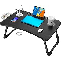 Elekin Folding Lap Desk for Laptop，Portable Laptop Desk Bed Table Standing Work Table Bed Tray with 4 USB Port/Cup Holder/Drawer for Bed Couch/Sofa (Mini Lamp,Fan)