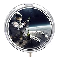 Round Pill Box Portable Pill Case for Pocket Astronaught with Beer Travel Small Pill Organizer 3 Compartment Metal Pill Container Holder for Medicine Vitamins Fish Oil Supplements