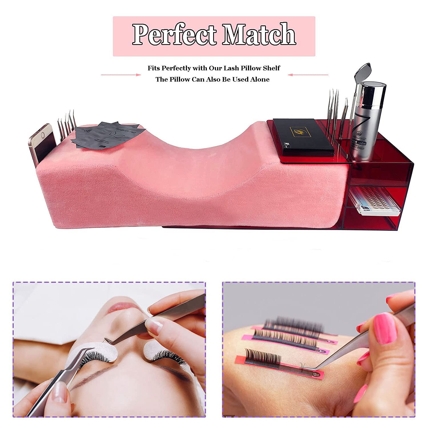 Pink Eyelash Extension Pillow, Eyelash Extension Tool for Beauty Salon, U Shape Neck Pillow with Comfortable Foam Velvet Pillowcase