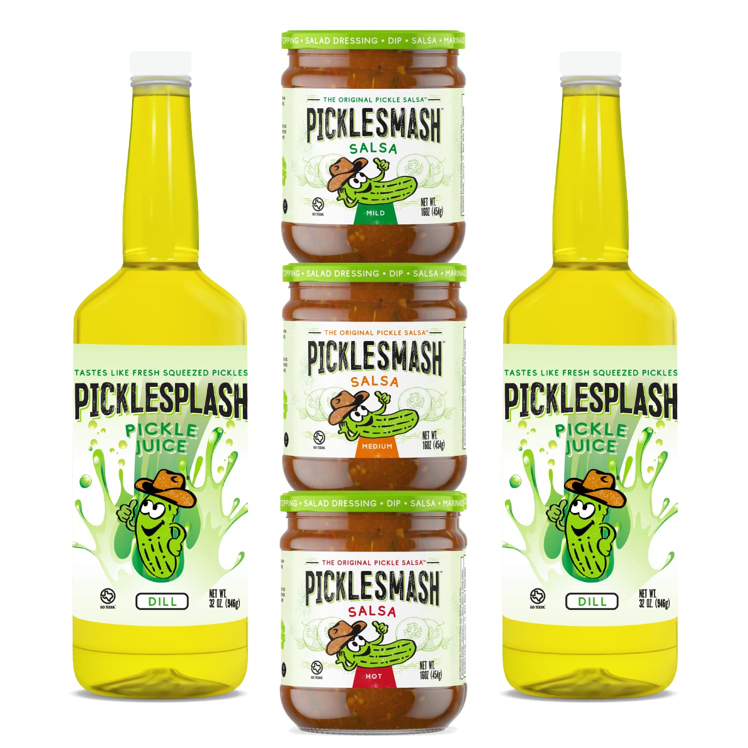 PicklePack - Sampler - 3 Pack PickleSmash Sugar Free Salsa - 2 Pack PickleSplash Pickle Beverage 32oz Per Bottle - Gluten Free, Keto, Paleo, Vegan,...