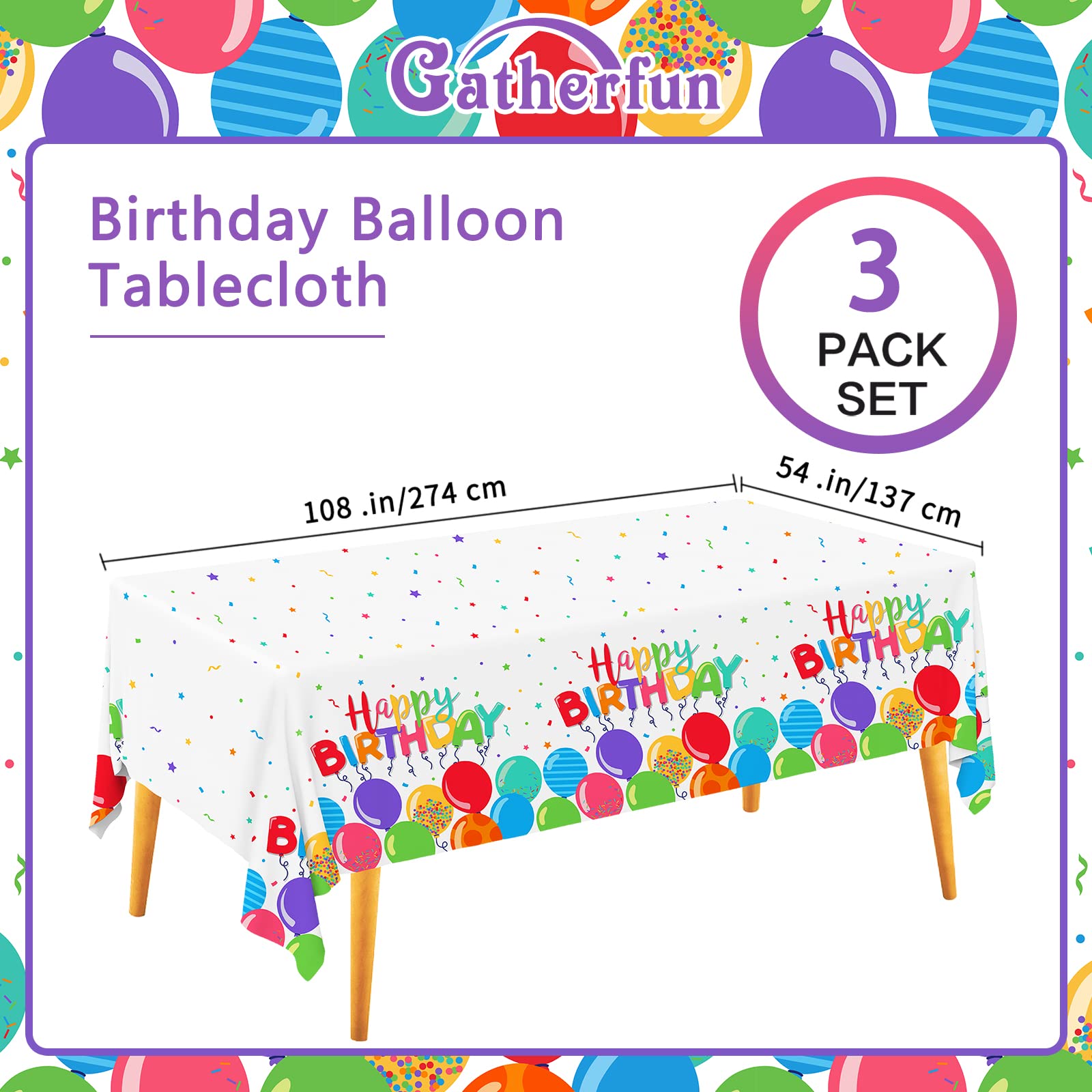 Gatherfun Birthday Disposable Tablecloth, Plastic Table Cover for Kid’s Birthday Party, 54”x108”, 3 PCS