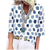 3/4 Sleeve Shirt Ladies Blouse V Neck Tunic Trendy Tee Printed Loose Daily Tshirt Breathable Dressy Tops