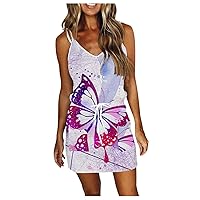 Sun Dresses for Women Casual 2024 Summer Trendy Sleeveless Mini Dress Butterfly Print Spaghetti Strap Drawstring Short Dress