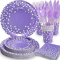 Purple Birthday Decorations for Women Girls, 168Pcs Purple Birthday Plates and Napkins for Women, Purple Party Paper Plates With Silver Dot Serves 24, Lavender Birthday Decorations