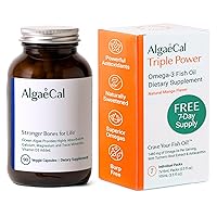 ALGAECAL - Plant Based Calcium Supplement with Vitamin D3 (1000 IU) for Bone Strength + Free Triple Power Omega 3 Fish Oil 7 Single Serve