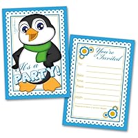 Leigha Marina Boy Penguin Party Invitation Cards for Kids, 20 Invites & 20 Envelopes - Fill in the Blank Greeting Notes - Multi-Use, Birthday, Themed Celebration