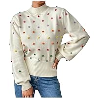 Rainbow Pom-Pom Mock Neck Sweater - Women Dots Sweaters Jumpers Ladies Lightweight Pullover Knitted Tops