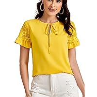 Womens Summer Tops Sexy Casual T Shirts for Women Ruffle Cuff Tie Neck Top