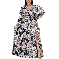 Plus Size Dresses Sexy V-Neck Floral Print Lace-Up High Waist Slit Long Sleeve Curvy Summer Maxi Casual Dresses