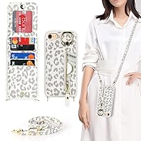 Jaorty iPhone SE 2022/2020 Case for Women with Card Holder, iPhone 7/8 Phone Case Wallet with Strap,Crossbody Lanyard Cases with Credit Card Slots Kickstand and Stand Ring Holder Case,White Leopard