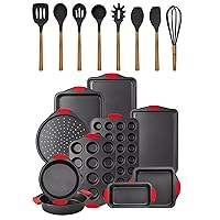 Country Kitchen Baking Pans & Utensils Bundle- 10 Non-stick Baking Pans with 8 Silicone Kitchen Utensils with Wooden Handles (Black/Red)