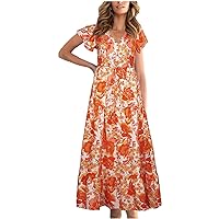 Women's Bohemian Beach V-Neck Trendy Dress Foral Print Hawai Casual Summer Swing Sleeveless Long Floor Maxi Flowy Orange