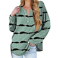 Workout Tops for Women,Trendy Striped Blouse Plus Size Baggy Long Sleeve Shirt Crewneck Button Up Pullover Tops