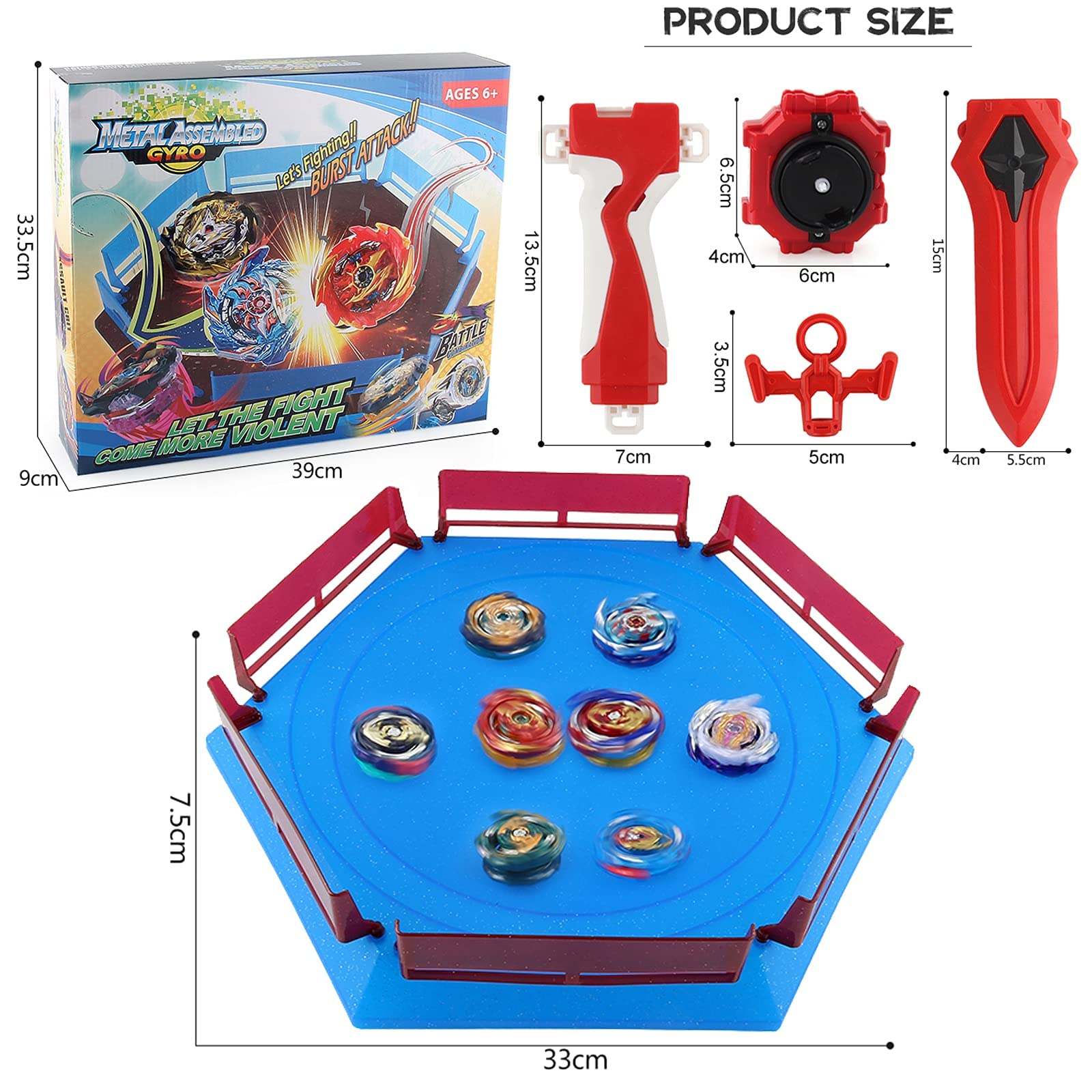 JIMI Bey Battling Top Stadium Blade Battle Set, 12 Burst Spinning Tops 3 Launchers Grip 1 Arena Combat Game, Toy Gift for Kids Boys Ages 6+