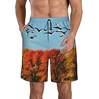 Hunting Flying Wild Ducks and Tree Men Mens Shorts Casual Waist Drawstring Summer Beach Workout Shorts with 3 Pockets
