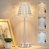 Dimmable Crystal Table Lamp, 3 Color (2700K/4000K/6000K) Adjustable, Battery Operated Wireless LED Desk Lamp, Classic Portable Night Light for Camping, Restanrant, Dinner, Indoor, Outdoor (Silver)