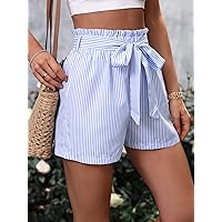 Women's Shorts Striped Print Paperbag Waist Belted Shorts Shorts for Women (Color : Blue and White, Size : Large)