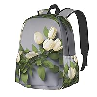 White Flowers Backpack Print Shoulder Canvas Bag Travel Large Capacity Casual Daypack With Side Pockets