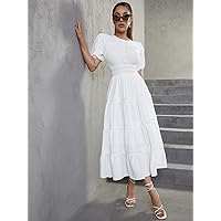 Women's Casual Dresses Puff Sleeve Lace Insert Dress Charming Mystery Special Beautiful (Color : White, Size : X-Small)