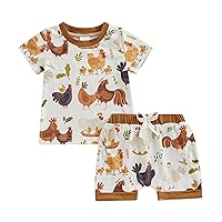 2Pcs Baby Boy Summer Outfits Free Range Chicken Print Short Sleeve T-Shirt Shorts Set Toddler Boy Farm Clothes