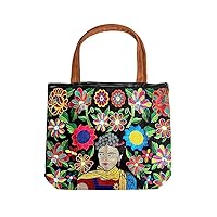 Extra Large Multicolored Frida Flowers Floral Embroidered Brown Suede Tote Purse Bag Fashion Handmade Boho Travel Accessories