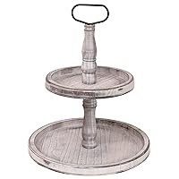 Vintage Wood Two Tiered Tray with Round Metal Handle，Easy to Assemble 2 Tier Home Decor for Tiered Food Presentation Serving Tray，Cupcake Tray (White)