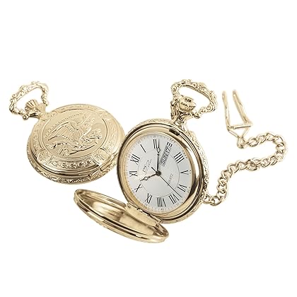 Daniel Steiger American Eagle Luxury Vintage Hunter Pocket Watch with Chain - 18k Gold Plating - Hand-Made Hunter Pocket Watch - Engraved Flying Eagle Design - White Dial with Black Roman Numerals